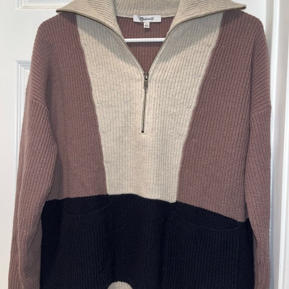 Madewell Sweater Women’s Color-block Black/ Brown/Tan/ Zip Up Wool Blend Size XS - Picture 2 of 8